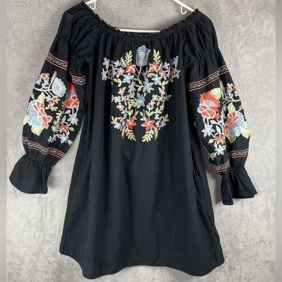 FREE PEOPLE Flour Du Jour Black Heavily Embroidered Floral Shift Dress Size XS - Picture 4 of 16